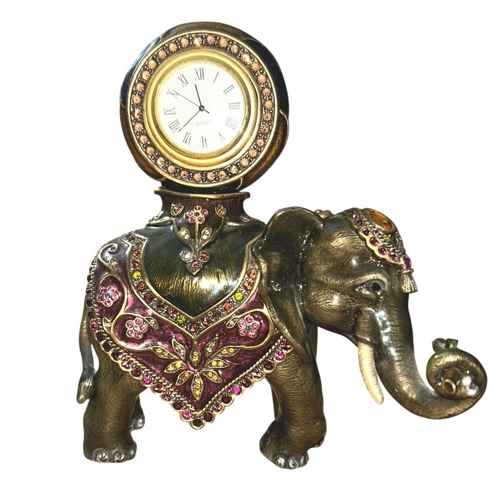 Jay Strongwater Jeweled Elephant Desk Clock Swarovski Crystal Enamel‎ Figurine